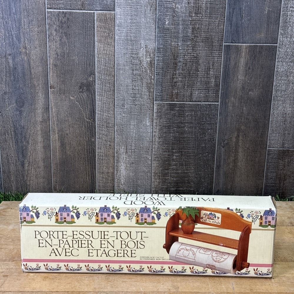 Vintage Action Industries Wood Paper Towel Holder NOS Original Box 1987